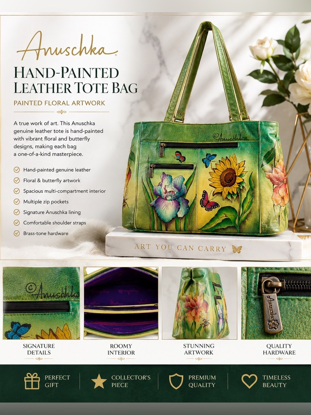 Anuschka Green Hand-Painted Floral & Butterfly Leather Shoulder Bag